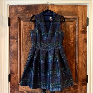 Vince Camuto Sleeveless V Neck Fit and Flare Jacquard Dress